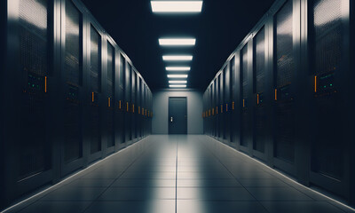 Obraz premium Dark servers data center room with computers. Storage systems corridor interior with glowing elements. Generative ai