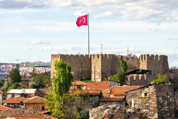  Ankara castle and waving crescent and star Turkish flag