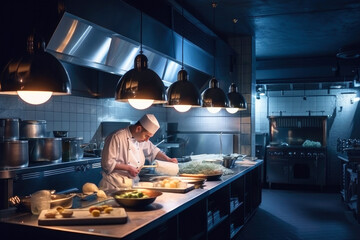 Professional kitchen with chefs cooking, restaurant kitchen , ai generative