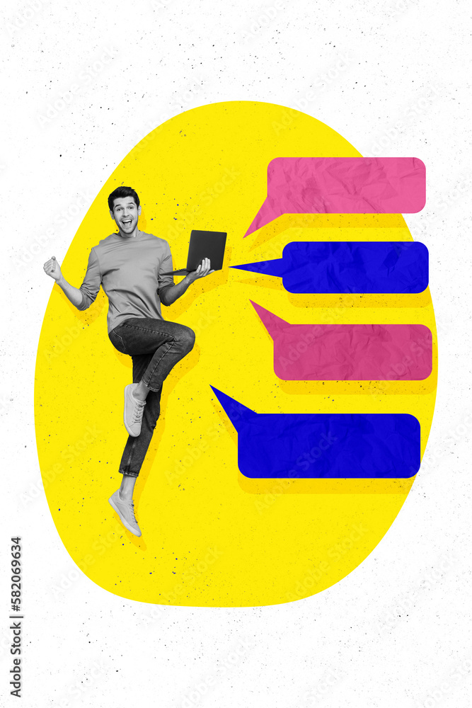 Poster vertical abstract collage picture of delighted mini black white colors guy jumping use netbook raise