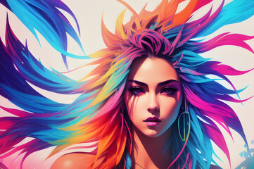 Obraz premium Female cyberpunk portrait, a woman with long colorful hair. Generative AI. 