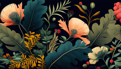 Leaf and flowers pattern on a black background generated AI. Illustration for design, postcard or print.