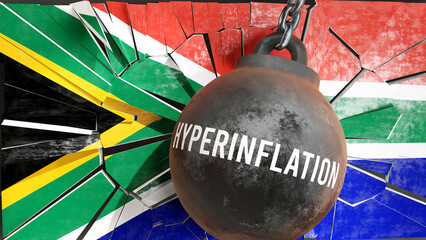 Hyperinflation and South Africa, destroying economy and ruining the nation. Hyperinflation wrecking the country and causing  general decline in living standards.,3d illustration