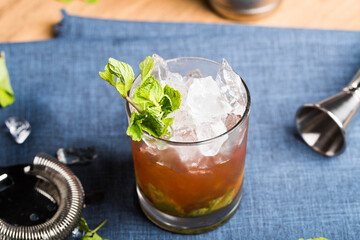 Mint Julep cocktail booze refreshing bourbon whiskey, syrup and mint leaves