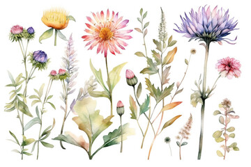 delicate watercolor beautiful meadow flowers on white background. generative ai