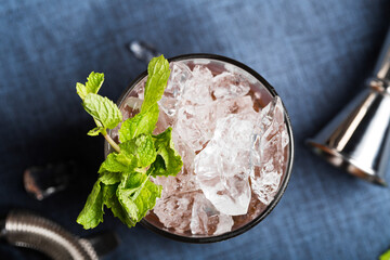 Mint Julep cocktail booze refreshing bourbon whiskey, syrup and mint leaves