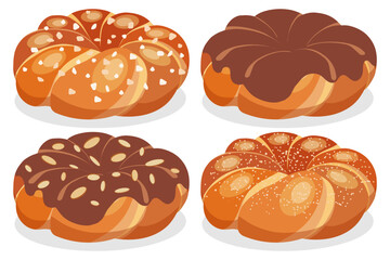 Set of traditional Greek handmade sweet braided bread Tsoureki with chocolate, almonds, sugar and sesame. Isolated vector illustration of food on a white background.