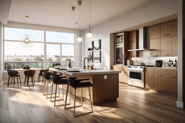 Fototapeta na wymiar Moderne Küche mit Kochinsel und Fenster 