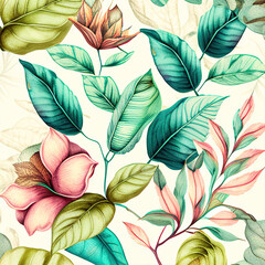 Fototapeta premium Leaf pattern on a white background in watercolor style at pastel colors generated AI. Illustration for design, postcard or print.