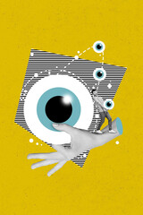 Vertical collage image of black white effect arm fingers hold huge eyeball excited mini guy isolated on drawing yellow background