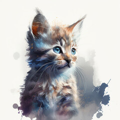 Portrait of a kitten on a light background. The concept of a watercolor picture for printing.  Generated ai
