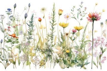 delicate watercolor beautiful meadow flowers on white background. generative ai