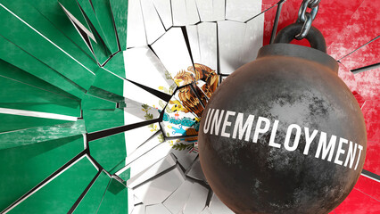 Unemployment and Mexico, destroying economy and ruining the nation. Unemployment wrecking the country and causing  general decline in living standards.,3d illustration