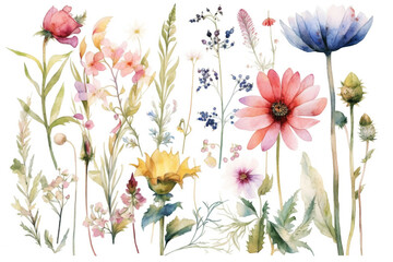 delicate watercolor beautiful meadow flowers on white background. generative ai