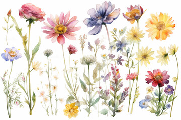 delicate watercolor beautiful meadow flowers on white background. generative ai