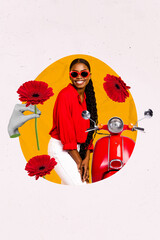 Vertical collage portrait of black white gamma arm hold fresh flower positive girl toothy smile...