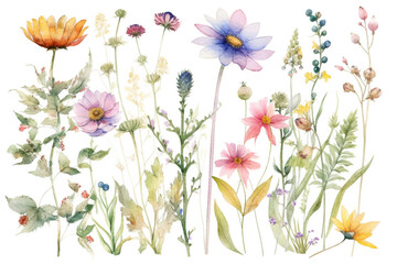 delicate watercolor beautiful meadow flowers on white background. generative ai