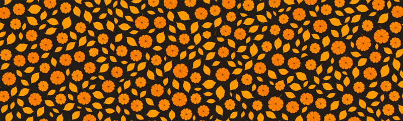 Pattern showcases autumn foliage and pumpkins in orange and yellow hues. It's perfect for fall themed designs and thanksgiving decor. Vector