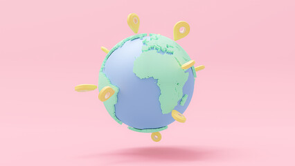 Earth globe green blue with yellow pinpoints or pin map . location point marker of shipment or travel concept. Clipping path. 3d Render.