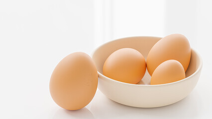 Chicken eggs in bowl placed on white table in the kitchen. 3d Render.