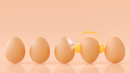 Chicken eggs wearing yellow headphones. Unlike other chicken eggs. concept showing talent and difference. 3d Render.