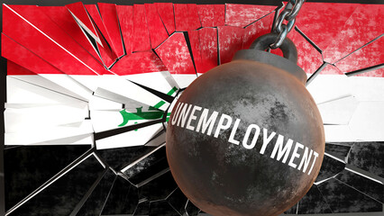 Unemployment and Iraq, destroying economy and ruining the nation. Unemployment wrecking the country and causing  general decline in living standards.,3d illustration