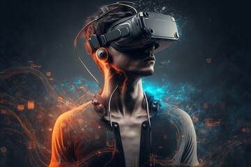 Obraz premium Virtual reality technology vr headset metaverse concept idea. Ai generated. Not made from an actual person
