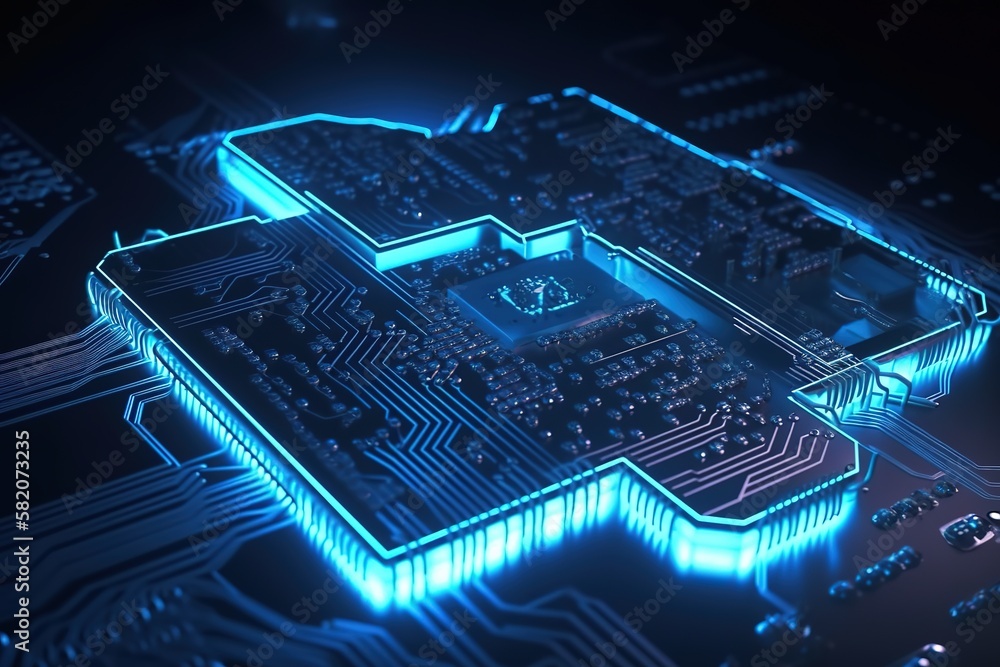 Poster The circuit is in the form of an electronic printed circuit board powered by a chip.Futuristic, modern illustration. Innovative technologies. Generative ai