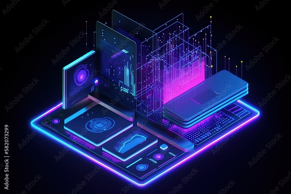 Poster computer network technology, digital infrastructure of it business.futuristic, modern illustration. 