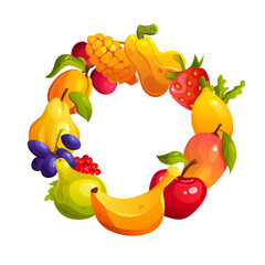 Wreath of Fruit and Berrie Isolated on a White Background. Design for  Tea, Jam, Juice, Ice Cream, Health Care Products. Vector Illustration in Cartoon Style.