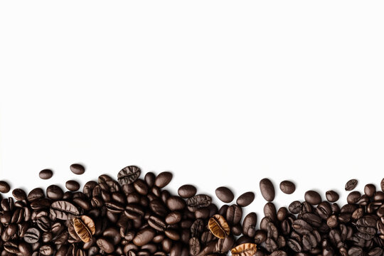 Roasted coffee beans on white background with copy space. Created with Generative AI Technology