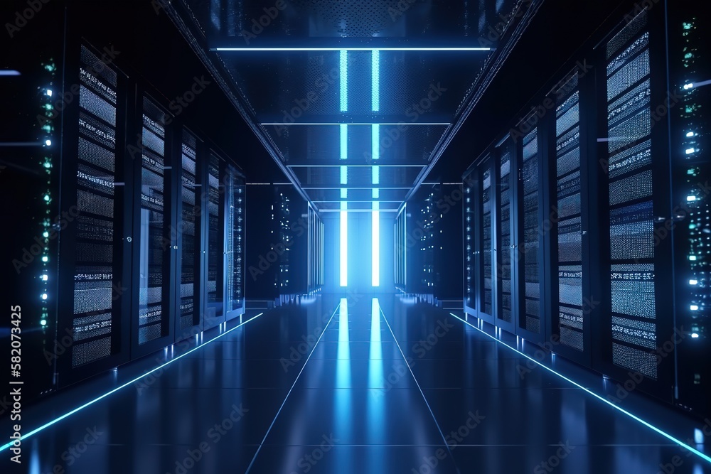 Poster data center or server room with servers of information cloud storage. futuristic, modern illustratio