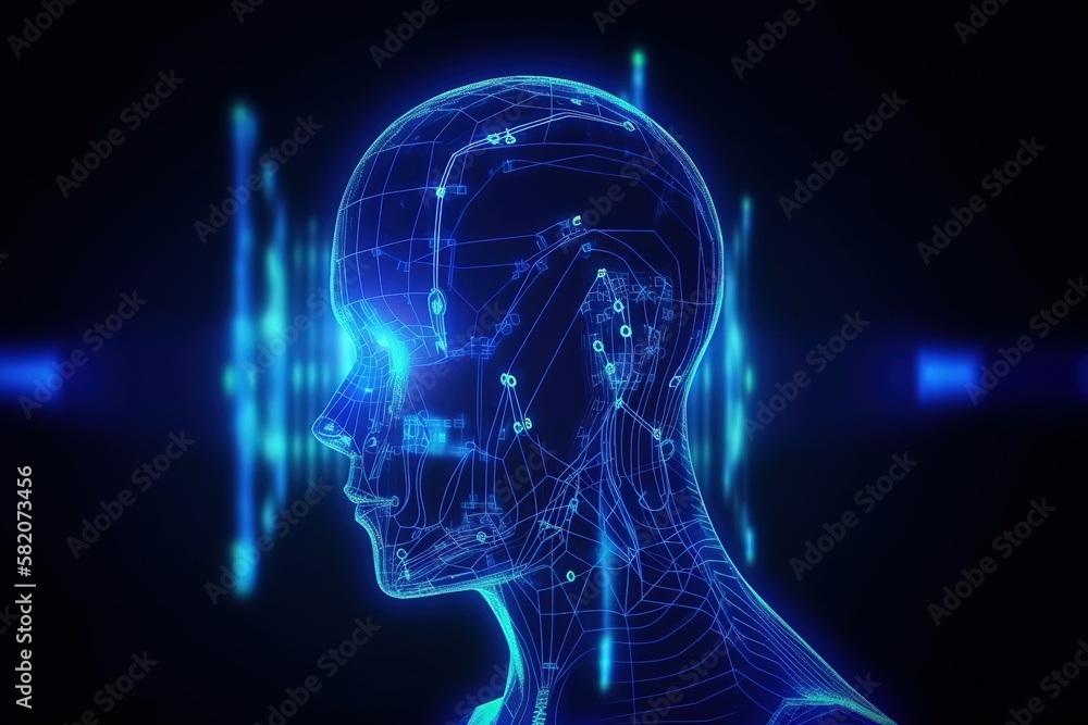 Poster the face of an artificial intelligence, mentally viewing information.futuristic, modern illustration