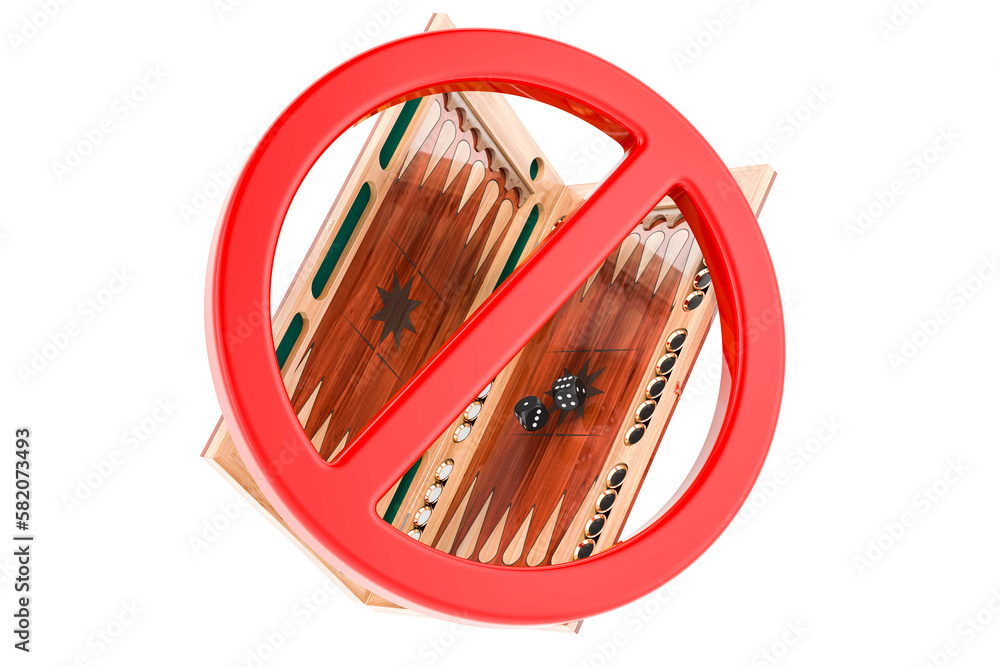 Poster backgammon, board game with forbidden symbol, 3d rendering