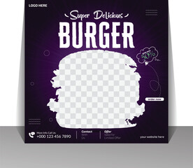 Delicious Food social media poster design template. Burger social media post vector illustration.