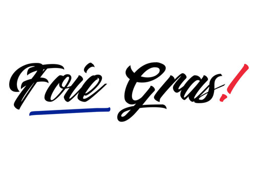 Cocina tradicional francesa. Letras palabra Foie gras en texto manuscrito con los colores de la bandera de Francia