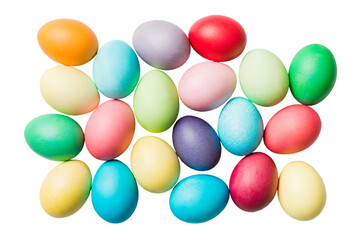 Basket of colorful Easter eggs isolated on white background. Easter basket filled with colored eggs top view holiday concept