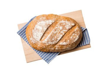 Freshly baked bread on cutting board isolated on white background . top view bread with copy space
