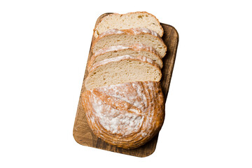 Freshly baked bread slices on cutting board isolated on white background . top view Sliced bread