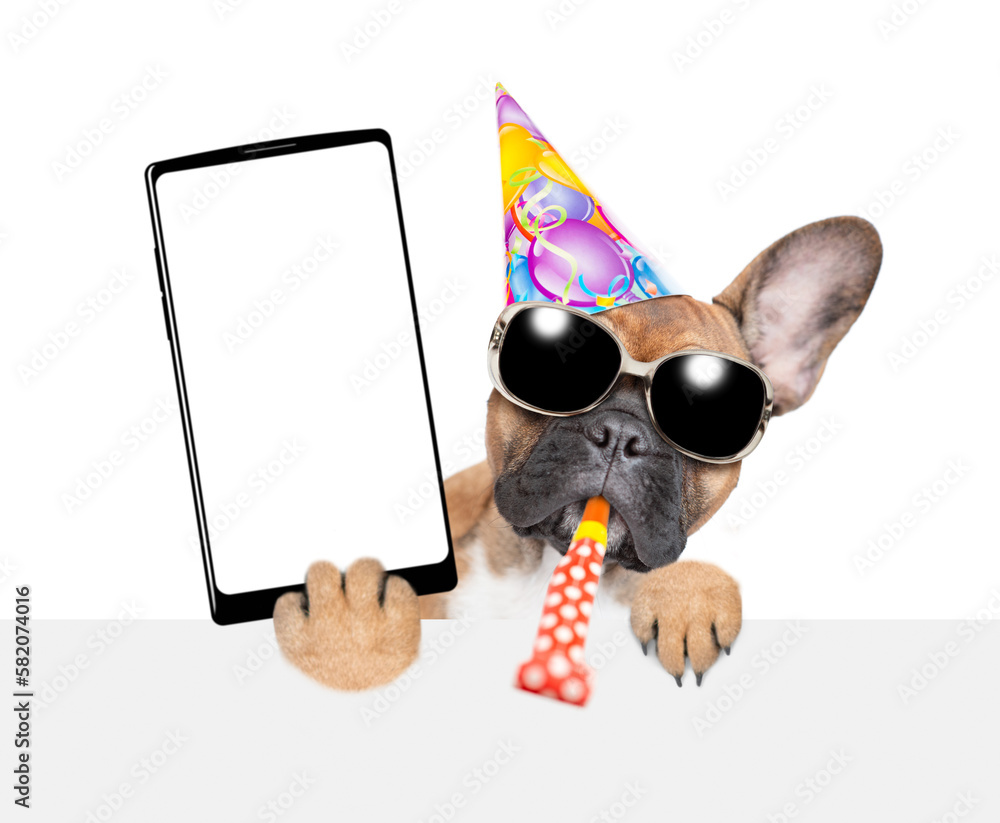 Poster french bulldog puppy wearing sunglasses and party cap blows into party whistle and holds big smartph
