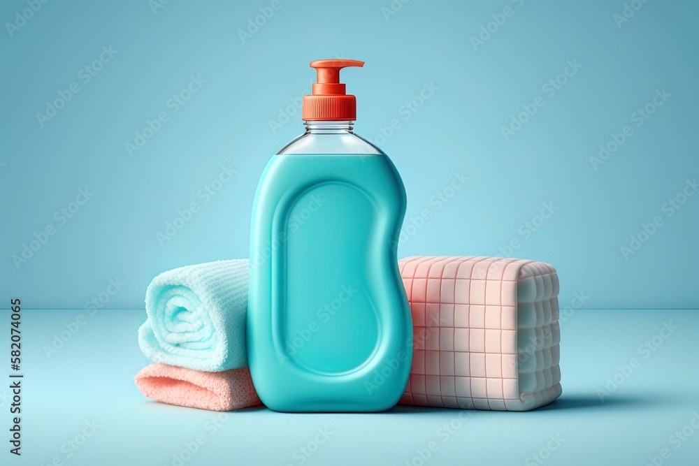 Poster copy space with a bath towel and a bottle of liquid soap on a blue backdrop generative ai