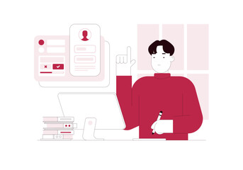 Online learning test teaching features at home, global Education, individual learning plan concept illustration