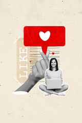 Vertical collage image of black white gamma mini girl use netbook big arm fingers hold like...