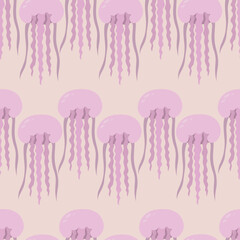 Pink jellyfish. Eared Aurelia. Seamless vector pattern. Endless ornament of marine invertebrates with tentacles. Flat style. Isolated pink background. Ocean dweller. Idea for web design.