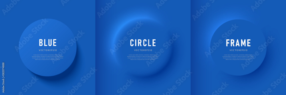Sticker set of 3d round circles frame on blue background with light and shadow. abstract geometric pedestal 