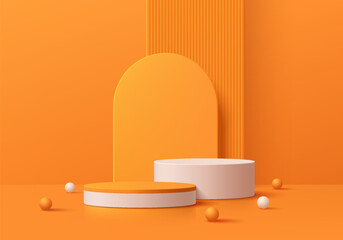3D realistic orange and white cylinder pedestal podium background with geometric backdrop. Minimal wall scene mockup products stage for showcase, Banner promotion display. Abstract vector empty room.