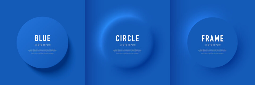 Set of 3D round circles frame on blue background with light and shadow. Abstract geometric pedestal podium for product display or copy space in top view, Minimal neumorphism design. Vector EPS10.