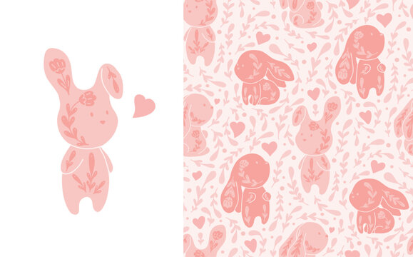 Vector set of gentle seamless pattern and card with pink decorated bunnies and flowers. Nursery texture and postcard with folk art rabbits.