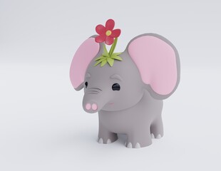 3D illustration of a cute elephant with a flower on its head. Cartoon volumetric toy.