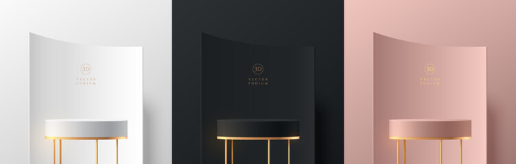 Set of 3D silver, black and pink gold cylinder podium with golden legs background. Luxury minimal wall scene mockup product stage showcase, Banner promotion display. Abstract vector geometric forms.